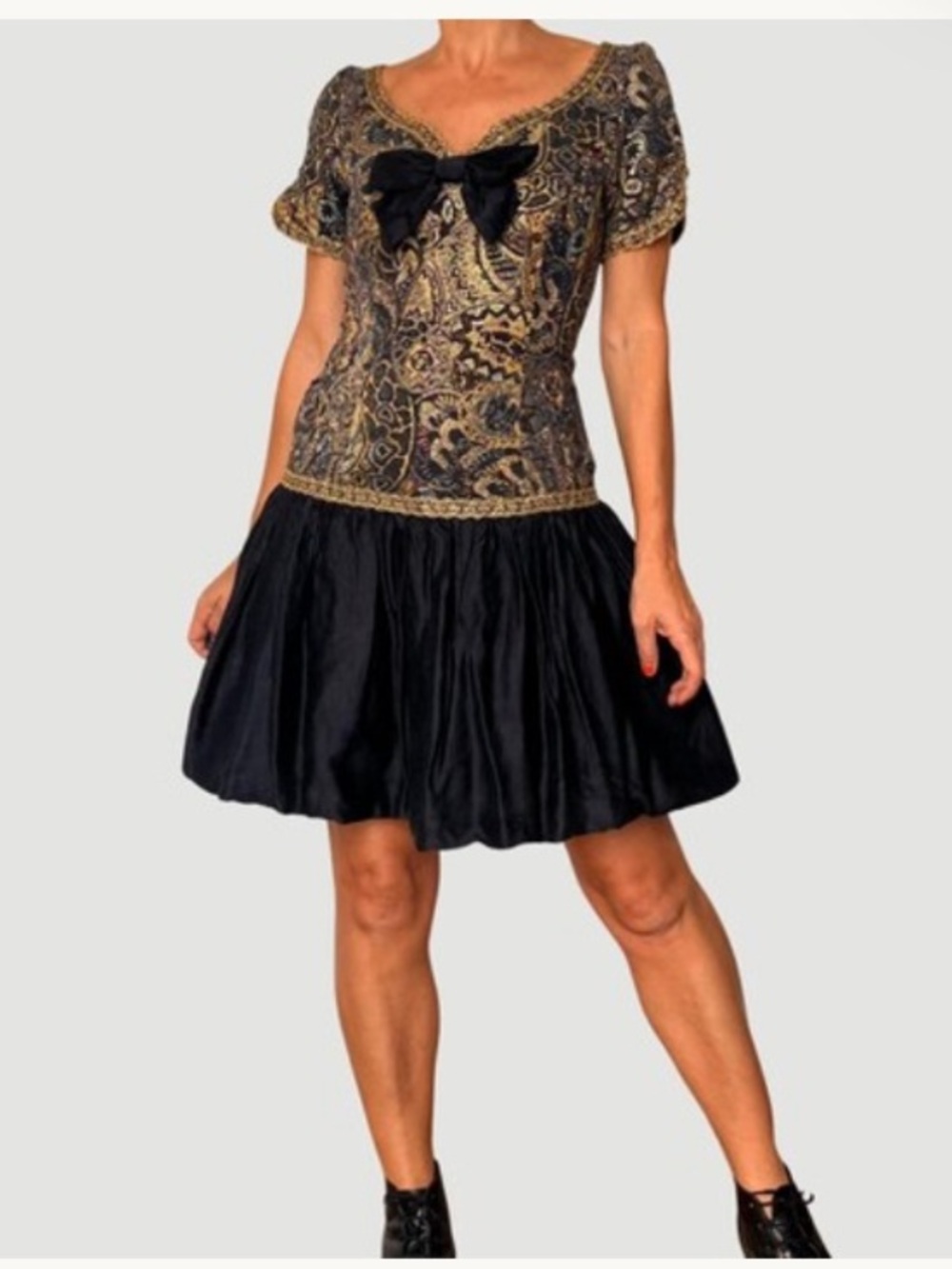 Vintage Scott McClintock Jacquard Tulip Skirt Dress Black and Gold Brocade